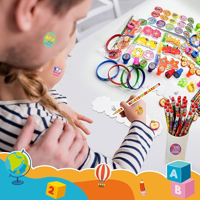108 Pcs 100 Days of School Awards Set Teacher Favor Gift Kit Include 100th day of school Pencils Bracelets Stickers Certificate Stamp Button Pins for Happy 100 Days of School Party Favors Supplies