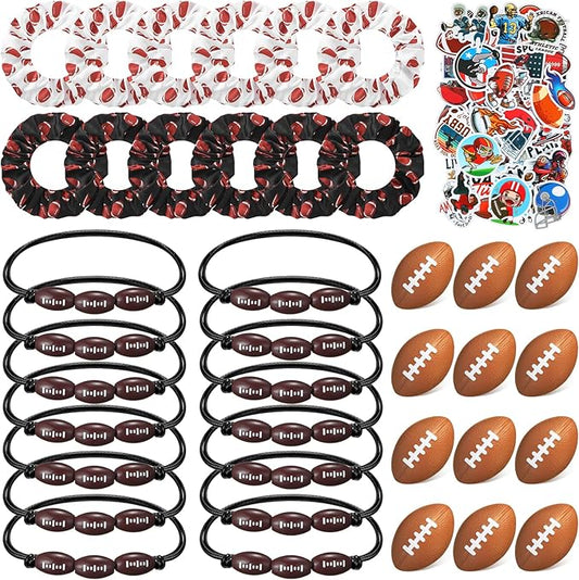 86 Pcs Football Party Favors 50 Sheets Football Stickers 12 Sports Stress Ball Mini Foam Football Ball, 12 Football Charm Bracelets, 12 Football Scrunchie Sports Valentines Football Gifts Supplies