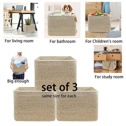 COMFY-HOMI 3Pack Small Woven Cotton Rope Basket for Organizing, Gift Baskets for Handles, Empty Gift Baskets, Medium Rope Basket|13.5" x 11" x 9.5" home decor for Living Room, Bathroom