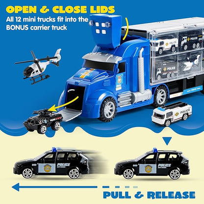 JOYIN 25 in 1 Police Rescue Truck Car Toy Set with Sounds and Lights, Mini Vehicles in Carrier Truck, Play Police Patrol Rescue Vehicle Toy, Birthday Gifts for Over 3 Years Old Boys, Easter Basket
