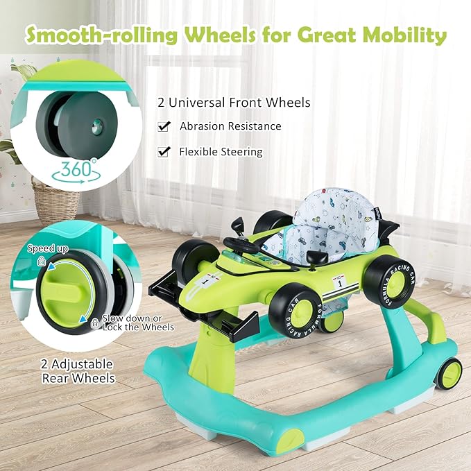 HONEY JOY 4-in-1 Baby Walker, Activity Push Walker w/3 Adjustable Heights, Smooth Wheels w/Adjustable Speed, Padded Seat, Music & Light, Foldable Car Walker for Baby Boys Girls Age 6 Months+ (Green)