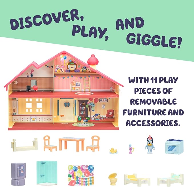 Bluey Celebration Home Playset, Portable Birthday Party Toy House with 11 Removable Accessories and 2.5” Figure, House Toys for Kids of Ages 3+