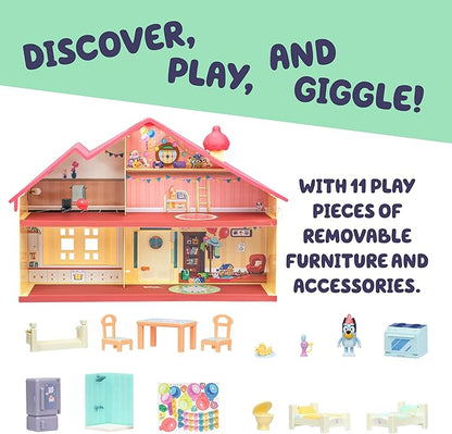 Bluey Celebration Home Playset, Portable Birthday Party Toy House with 11 Removable Accessories and 2.5” Figure, House Toys for Kids of Ages 3+