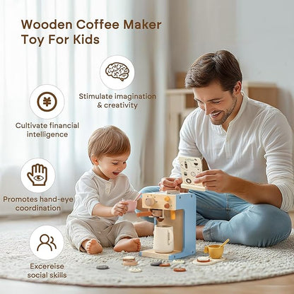 Kids Coffee Maker Playset Wooden Kitchen Toys for Toddlers - 15PCS Toy Coffee Maker Play Kitchen Accessories for Girls & Boys Pretend Play Kids Coffee Maker Toys - Ideal Gift