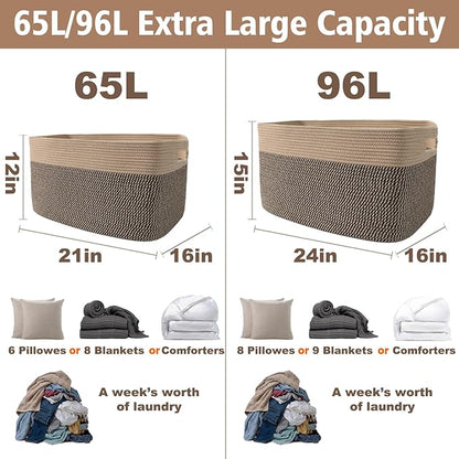 JMvicyroam Woven Blanket Basket,96L Large Storage Bin for Blankets Toys Clothes,Decorative Rope Basket for Living Room Bedroom with Handles, Jute&Black