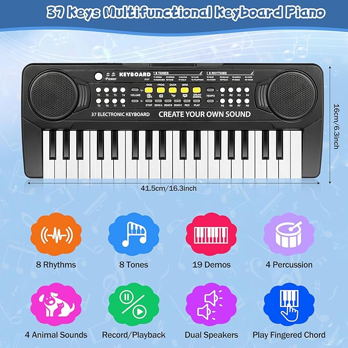 Kids Toddler Toy Piano Keyboard - 37 Key Pianos for Kid Music Toys Instruments with Microphone | Unlock Musical Fun, Perfect Birthday for 3-8 Year Old (Black)