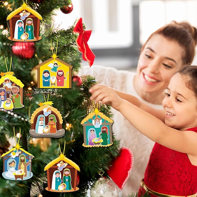 ReliThick 30 Sets Nativity Scene Craft Kit for Kids Nativity Crafts Stick Ornament Religious Crafts Kit Christian Christmas Tree Ornament Crafts with Rope for Kids Classroom Party Favors Supplies