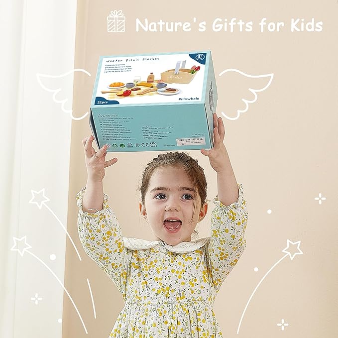 Play Food Sets for Kids Kitchen, Wooden Picnic Basket Playset Toy,Pretend Play Kitchen Food Toy with Cutting Fruits for Toddlers Girls Boys Ages 3+