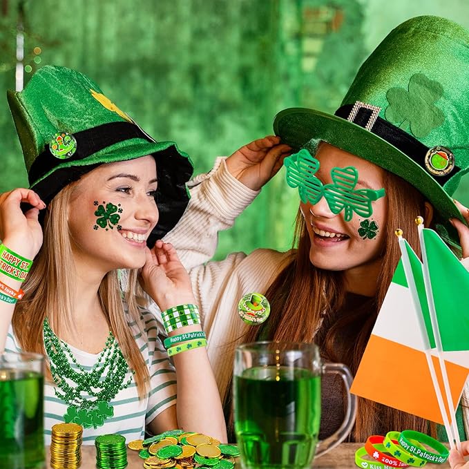 Garma 238 PCS St Patricks Day Decorations Set Glasses Bracelets Coins Necklaces Flags Tattoos Brooches Fake Beards Party Blowers Hand Clappers Saint Patricks Day Party Favors Accessories Supplies