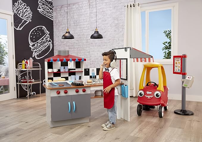 Little Tikes Real Wood Drive-Thru Diner Wooden Play Kitchen with Realistic Lights Sounds and Multi-Sided, 40+ Accessories Set, Gift for Kids, Toy for Girls & Boys Ages 3 4 5+ Years(Multi color)
