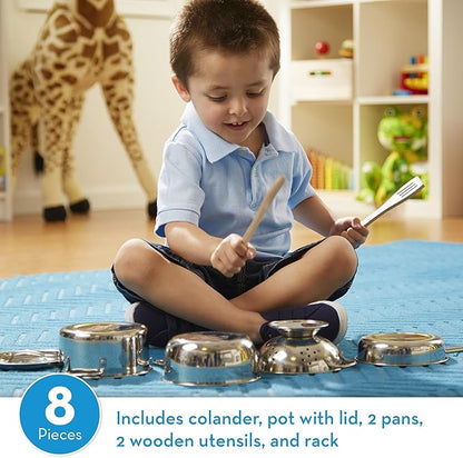 Melissa & Doug Stainless Steel Pots and Pans Pretend Play Kitchen Set for Kids (8 pcs)