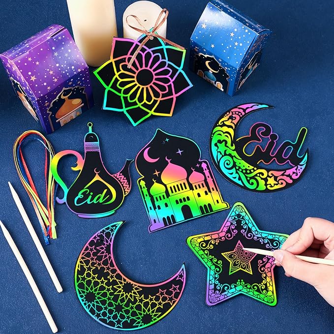 JULMELON 36 PCS Ramadan Crafts for Kids, Rainbow Scratch Paper Art for Kids Ramadan Gifts Eid Mubarak Magic Color Scratch Off Cards for School Classroom Activities DIY Drawing Project Party Favors