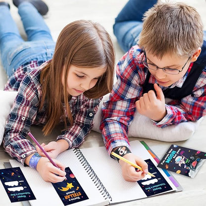 ANGOLIO 28Pcs Outer Space Theme Slap Bracelets with 28Pcs Valentine's Day Greeting Cards, Astronauts Planets Solar System Party Decoration Supplies Valentine Classroom Exchange Gift for Kids