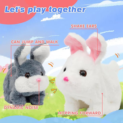 Hopearl Hopping Chubby Rabbit Interactive Electronic Pet Plush Bunny Toy with Sounds and Movements Animated Walking Wiggle Ears Twitch Nose Gifts for Toddlers Birthday, White, 7''