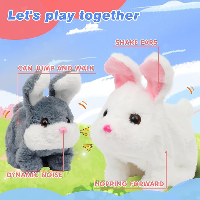 Hopearl Hopping Chubby Rabbit Interactive Electronic Pet Plush Bunny Toy with Sounds and Movements Animated Walking Wiggle Ears Twitch Nose Gift for Toddlers Birthday, Gray, 7''