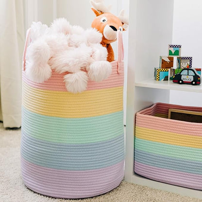 OrganiHaus Large Rainbow Woven Laundry Basket w/Handles 52L, Decorative Toy Storage Bin for Nursery, Colorful Blanket Basket for Playroom, Baby Laundry Hamper, Fun Kids Room Decor Organizer