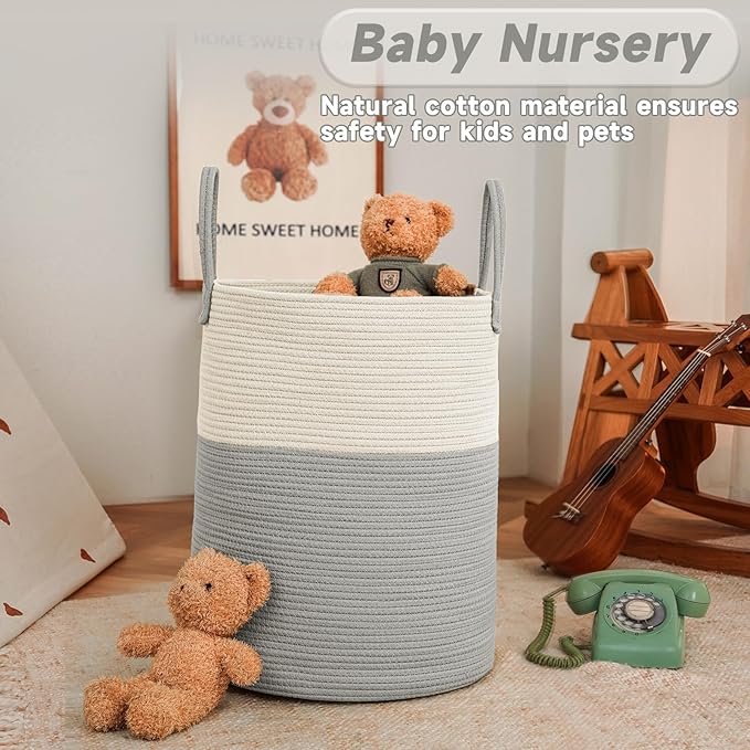 JMvicyroam Large Woven Laundry Basket Hamper,60L Cotton Rope Storage Bin for Blankets,Toys and Clothes,Decorative Tall Nursery Hamper for Living Room,Baby Nursery,Bathroom and Bedroom,White and Grey