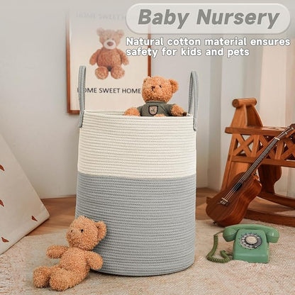 JMvicyroam Large Woven Laundry Basket Hamper,60L Cotton Rope Storage Bin for Blankets,Toys and Clothes,Decorative Tall Nursery Hamper for Living Room,Baby Nursery,Bathroom and Bedroom,White and Grey