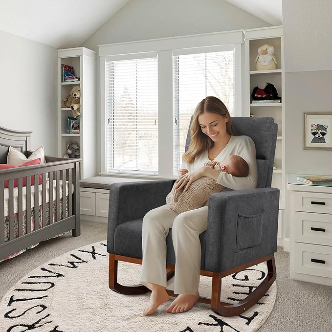 Yaheetech Rocking Chair, Upholstered Glider Chair with Side Pocket, Nursery Chair with High Backrest and Rubber Wood Legs, Rocking Accent Armchair for Living Room Bedroom Nursery, Gray