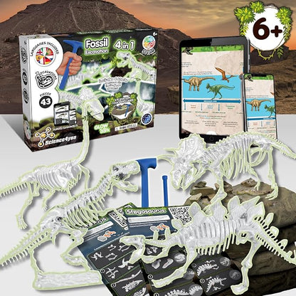 Science4you Dino Excavation Set 4 in 1 - Fossils Excavation Set for Children from 6+, Glows in The Dark, Dinosaur Game and Dino Gift for Boys and Girls from 6 7 8 9+