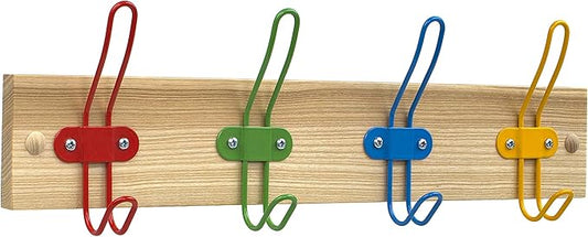 Kids Coat Hook Rack for Boys and Girls for Jackets Clothes Hats Backpacks Robes and Towels - Kids Hanger for Use in Nursery Bedroom and Bathroom - Colorful Wire Hooks and Lacquer Rail
