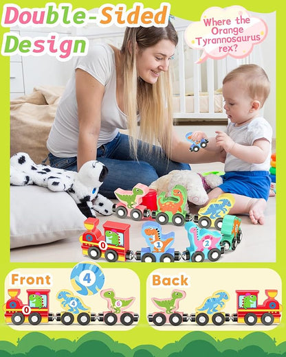 11 Pcs Magnetic Dinosaur Train Set Montessori Toys for 1 2 3 Years Old Toddlers Boys Girls, Wooden Dinosaur Preschool Learning Easter Basket Stuffers Sensory Toys Birthday Gifts Ages 1-3, 2-4