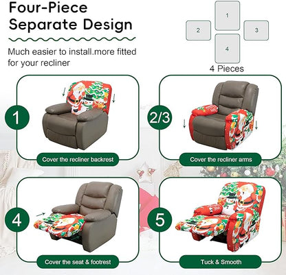 Recliner Chair Covers Christmas Recliner Slipcover Furniture Protector for Recliner with Elastic Bottom 4 -Pieces Stretch Lazy-Boy Recliner Slipcover with Side Pocket Anti-Slip (Christmas Red)