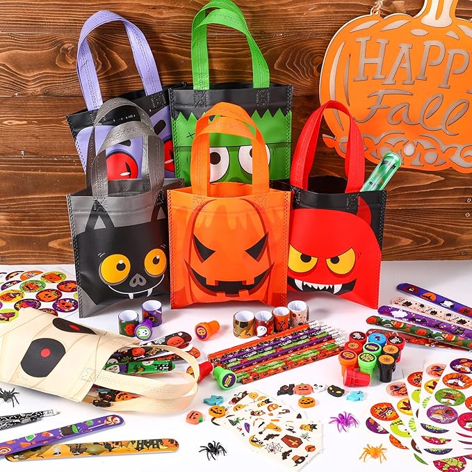 192 Pieces Halloween Party Favors Set 24 Pack Halloween Stationery for Kids Trick or Treat Toy Goody Bag Fillers Including Halloween bag Tattoo Sticker Stamper Pencil Eraser Spider Slap Bracelet
