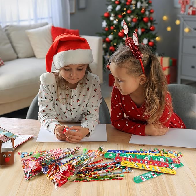 360 Pieces Christmas Stationery Party Favors Bulk: Christmas Pencil Eraser Slap Bracelets Stamps Treat Bags for Kids Classroom Gift Exchange School Games Prizes Reward Prizes Carnival Events