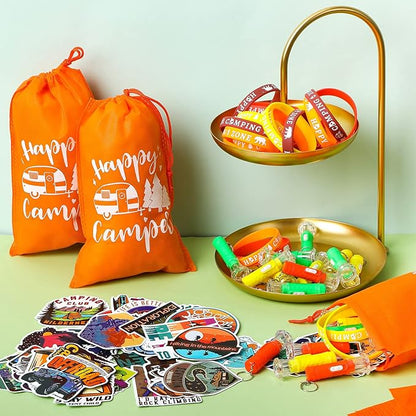 Camping Party Favors Camp Party Gifts Include Camping Themed Silicone Bracelet Mini Flashlight Keychain Assorted Camping Sticker and Gifts Drawstring Bags Camping Party Supplies for Kids (220 Pieces)