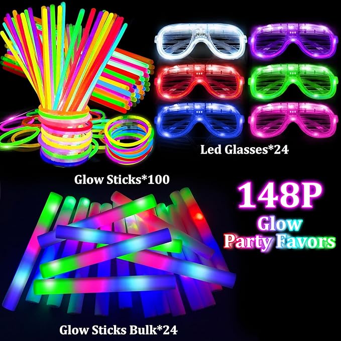 148 PCS Glow in the Dark Party Supplies- 24 Pcs 16" Foam Glow Sticks, 24 Pcs LED Glasses, 100 Pcs Glow Sticks Necklaces Bracelets Light Up Party Favors Football Party Supplies Wedding Birthday Concert