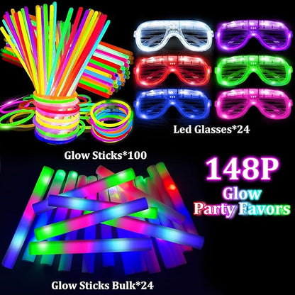 148 PCS Glow in the Dark Party Supplies- 24 Pcs 16" Foam Glow Sticks, 24 Pcs LED Glasses, 100 Pcs Glow Sticks Necklaces Bracelets Light Up Party Favors Football Party Supplies Wedding Birthday Concert