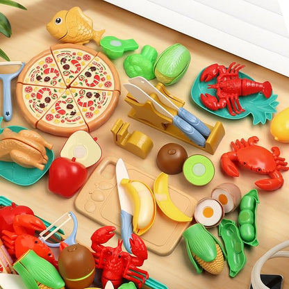 Cutting Play Food Toy for Kids - Pretend Fruit & Vegetable Accessories with Foldable Shopping Storage Basket Play Kitchen Toys with Dishes Knives Learning Toy for Toddler Toys Birthday Gift