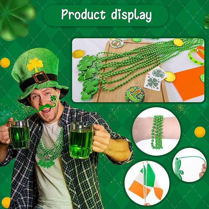 Garma 238 PCS St Patricks Day Decorations Set Glasses Bracelets Coins Necklaces Flags Tattoos Brooches Fake Beards Party Blowers Hand Clappers Saint Patricks Day Party Favors Accessories Supplies