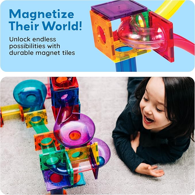 PicassoTiles 70 PCs Marble Run Maze Race Track Magnetic Tiles Magnet Building Block Educational Construction Toy Playset STEM Learning Kit Child Brain Development Hand Eye Coordination Training PTG70
