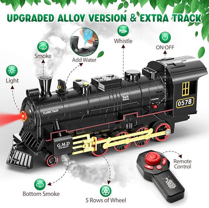Hot Bee Train Set for Boys, Alloy Remote Control Train Toys with Steam Locomotive Cargo Cars Tracks, Trains with Realistic Smoke Sound Lights,Christmas Train Toys Gifts for 3 4 5 6 7 8+ Years Old Kids