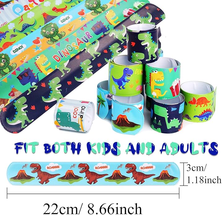 DERAYEE 24 Pcs Dinosaur Slap Bracelets for Kids, Jurassic Forest World theme Snap Bands Toy Gift Party Favor Supplies for Dino Party Bag