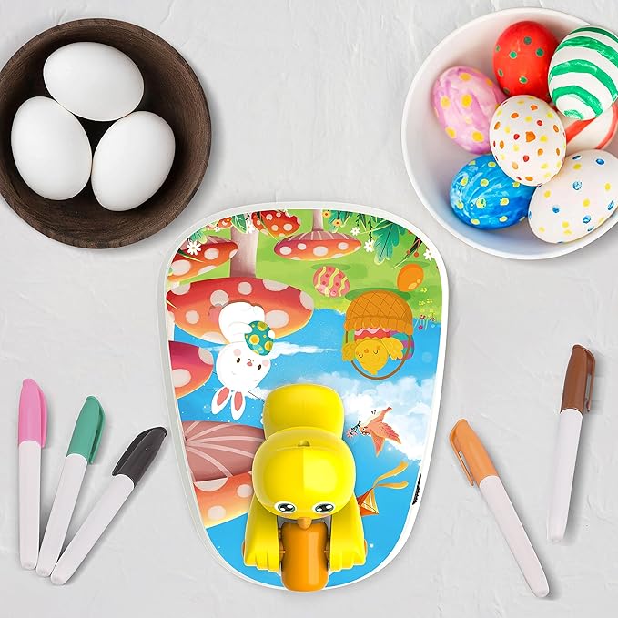 Engfa Easter Egg Decorating Kit, Chick Easter Eggs Decorating Kit Spinner Coloring Machine with 12 Dying Markers 30 Plastic Eggs and Slings, Easter Toy Arts and Crafts Set Gift for Kids Party