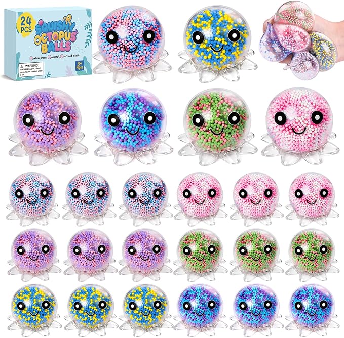 24 Pack Octopus Stress Balls Set for Kids Adults, Cute Squishy Squeeze Fidget Toys for Anxiety Stress Relief, Perfect Party Favors Easter Basket Stuffers Birthday Gifts Classroom Prizes