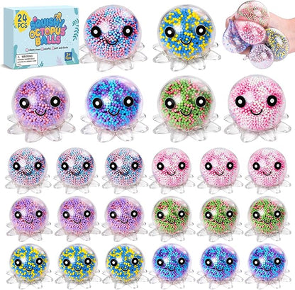 24 Pack Octopus Stress Balls Set for Kids Adults, Cute Squishy Squeeze Fidget Toys for Anxiety Stress Relief, Perfect Party Favors Easter Basket Stuffers Birthday Gifts Classroom Prizes