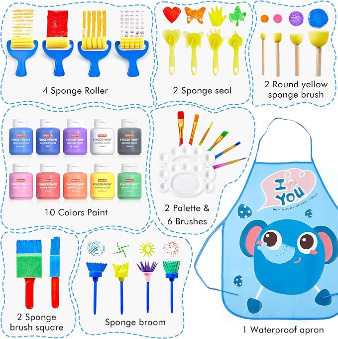 Kids Washable Finger Paints Set, Shuttle Art 33 Pack Non Toxic Kids Painting Set with 10 Colours (60ml) Finger Paints, Paint Pad, Sponge Paint Brushes, Eco Natural for Children and Toddler