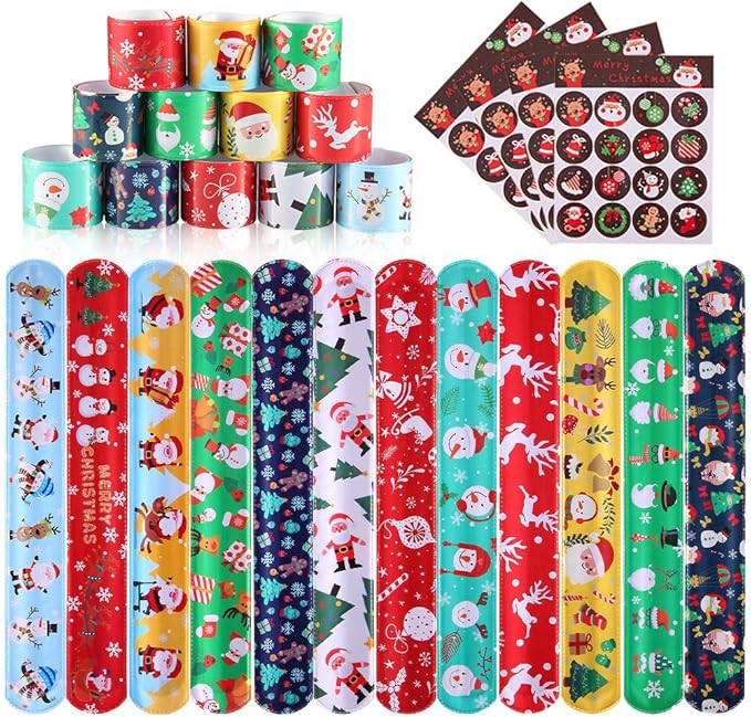 Lumiparty 60 PCS Christmas Kid's Slap Bracelets, Slap Bands,Snap Bracelets,Party Favors Pack with Snowflakes,Santa Claus,Snowman for Kids Valentines Gift Classroom Exchange with 4 Sheets Sticker.
