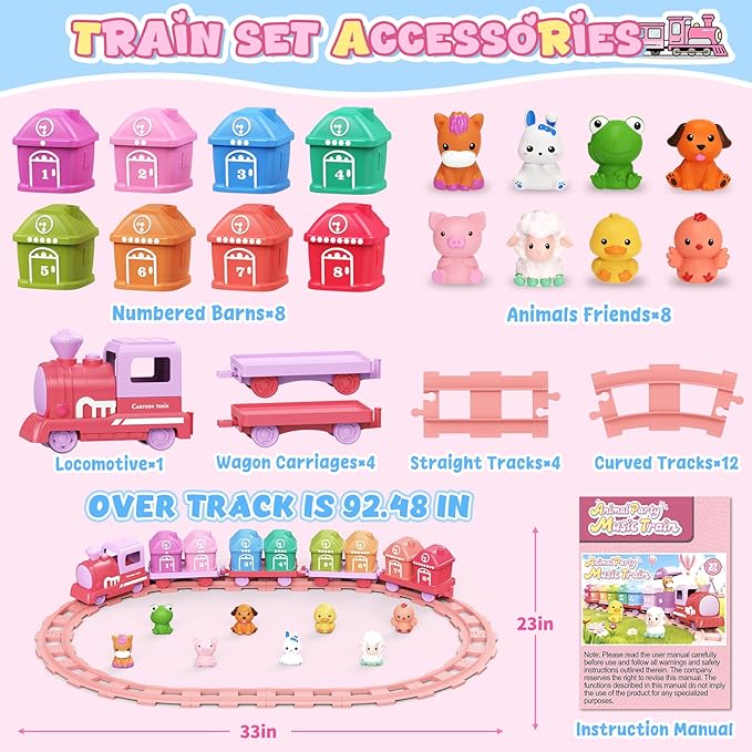 Train Set for Girls 2-4, Electric Toy Train with Farm Animals & Music & Lights, Montessori Counting & Sorting Learning Toys for Toddler Girls 1 2 3 Year Old, Christmas Easter Birthday Gift