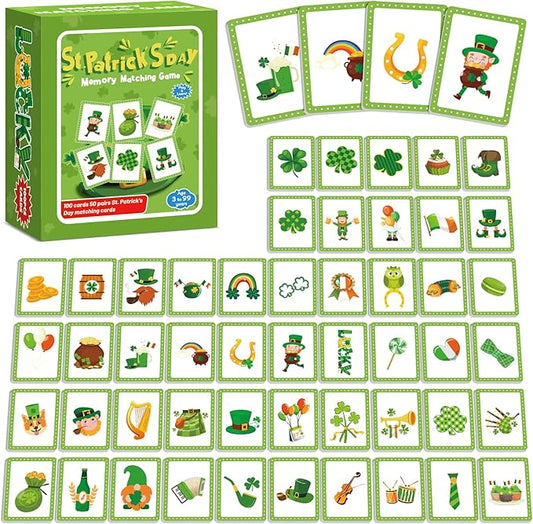gisgfim 100 PCS Memory Matching Game St. Patrick's Day Concentration Memory Games Card for Kids Educational Ages 3-8 A Fun & Fast Shamrock Theme Matching Games