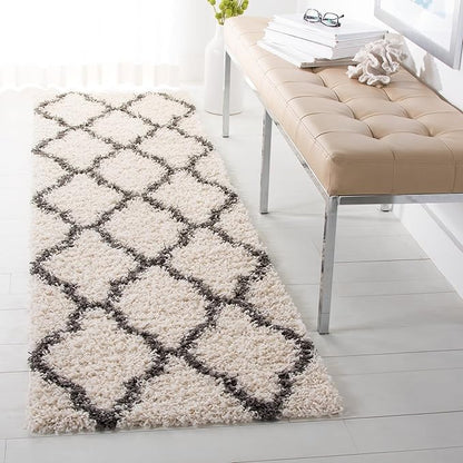 SAFAVIEH Dallas Shag Collection Runner Rug - 2'3" x 12', Ivory & Dark Grey, Trellis Design, Non-Shedding & Easy Care, 1.5-inch Thick Ideal for High Traffic Areas in Living Room, Bedroom (SGDS257H)