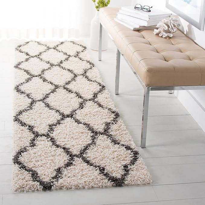 SAFAVIEH Dallas Shag Collection 2'3" x 6' Ivory / Dark Grey SGDS257H Trellis Non-Shedding Living Room Bedroom Dining Room Entryway Plush 1.5-inch Thick Runner Rug