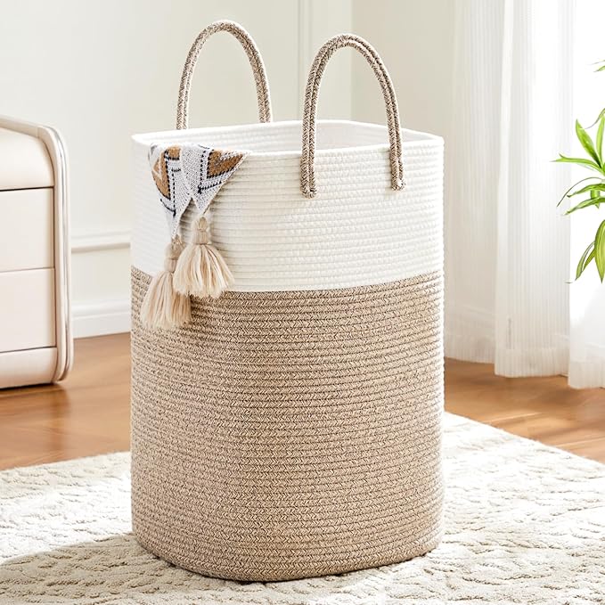 Laundry Basket,Woven Cotton Rope Laundry Hamper,Versatile Storage for Dirty Clothes,Baby Toys,and Blankets in Bathroom, Nursery,and Living Room (Brown, 40L)