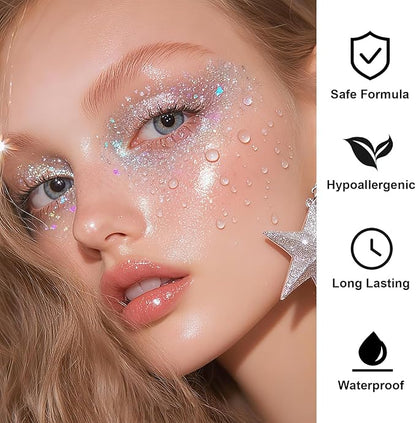 Hair Face Body Glitter Set for Women, White Silver Purple Holographic Mermaid Sequins Chunky Glitter Makeup for Music Festival Rave Accessories, Christmas, Wedding, New Year, Prom