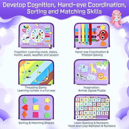 Esjay Toddler Busy Board Montessori Toys for Girls, Sensory Book Educational Activities Learning Fine Motor Skills, Birthday Gifts for Girls Toddlers, Travel Toys for Airplane Car, Purple Merpeople