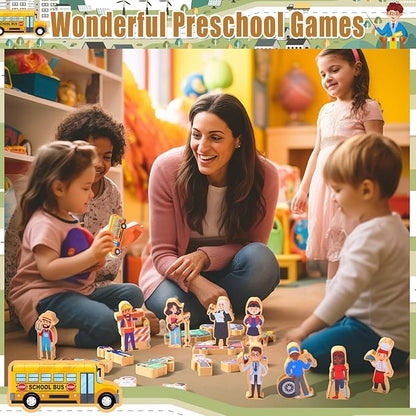 Blosssound 40 Pcs Wooden Community Helpers Toys Wooden Cars Set Wood People Figures Multicultural Career Wood Blocks for Preschool Classroom Diversity Play Games Educational Activity Supplies